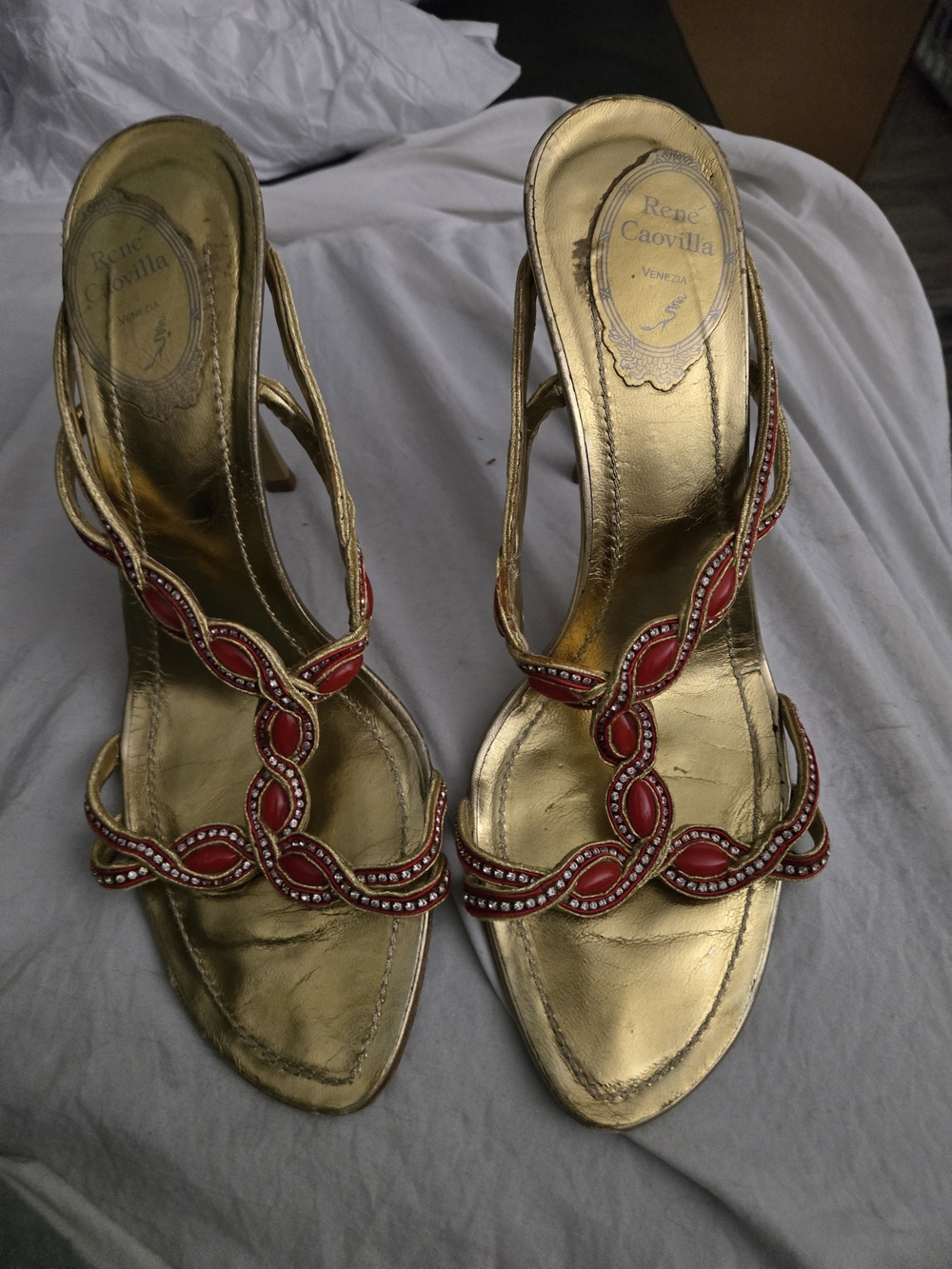 Rene Caovilla Gold Slingback Heels with Red Crystal Embellishment